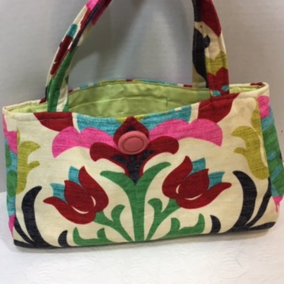 Multicolor Floral Linen Cotton Stylish Handbag Button Closure  11"x3"x6" - Picture 3 of 12